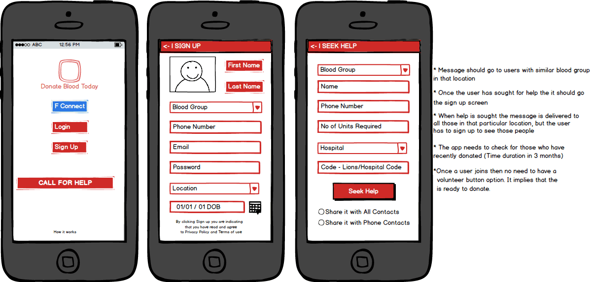 Balsamiq wireframes of login and sign-up screens