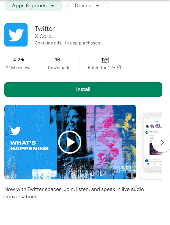 Screenshot of the Twitter app in the Google Play Store